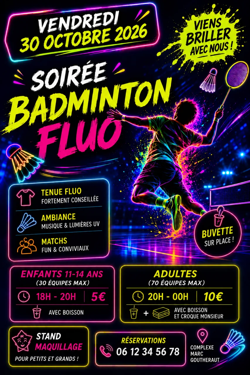Affiche officielle de la soirée Badminton Fluo du 30 octobre 2026